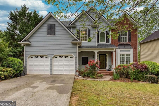 1533 Fallen Leaf Dr SW, Marietta, GA 30064 - view of front of house featuring concrete driveway, a front lawn, covered porch, a garage, and brick siding
