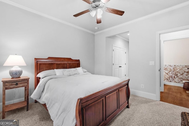 1985 Chapel Estates Ln, Dacula, GA 30019 - bedroom with crown molding, light carpet, and ceiling fan