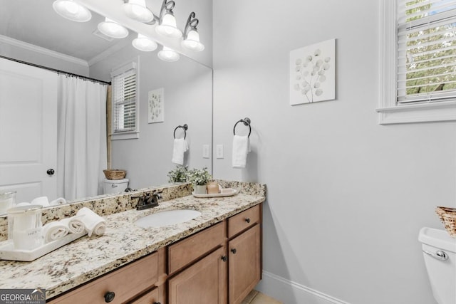 1985 Chapel Estates Ln, Dacula, GA 30019 - full bath featuring ornamental molding, vanity, and curtained shower