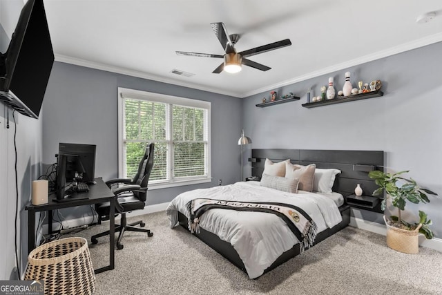 1985 Chapel Estates Ln, Dacula, GA 30019 - carpeted bedroom featuring an office area, crown molding, and ceiling fan
