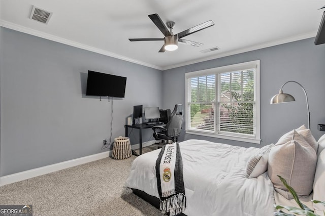 1985 Chapel Estates Ln, Dacula, GA 30019 - bedroom featuring crown molding, carpet flooring, ceiling fan, and an office area