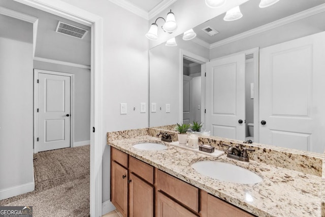 1985 Chapel Estates Ln, Dacula, GA 30019 - bathroom with double vanity and ornamental molding
