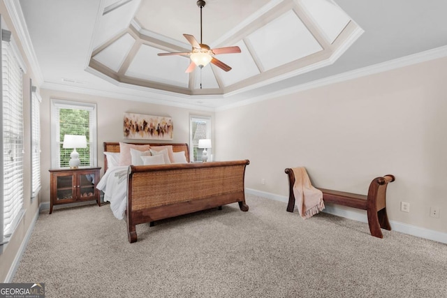 1985 Chapel Estates Ln, Dacula, GA 30019 - carpeted bedroom with ornamental molding, a ceiling fan, coffered ceiling, and a skylight