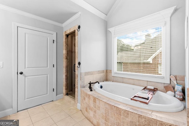 1985 Chapel Estates Ln, Dacula, GA 30019 - bathroom with a bath, a shower stall, tile patterned flooring, ornamental molding, and lofted ceiling