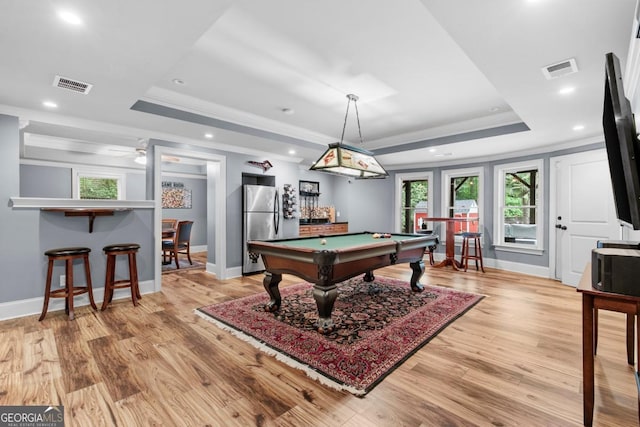 1985 Chapel Estates Ln, Dacula, GA 30019 - game room with a tray ceiling, ornamental molding, billiards table, light wood-type flooring, and recessed lighting