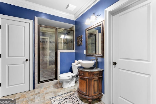 1985 Chapel Estates Ln, Dacula, GA 30019 - bathroom featuring a stall shower, vanity, and ornamental molding