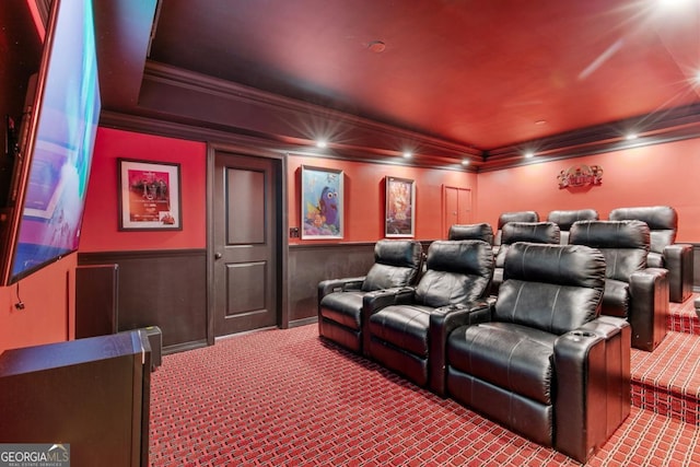 1985 Chapel Estates Ln, Dacula, GA 30019 - home theater featuring ornamental molding, wainscoting, and carpet