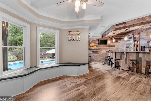 1985 Chapel Estates Ln, Dacula, GA 30019 - dining room with a bar, wood finished floors, ceiling fan, a tray ceiling, and crown molding