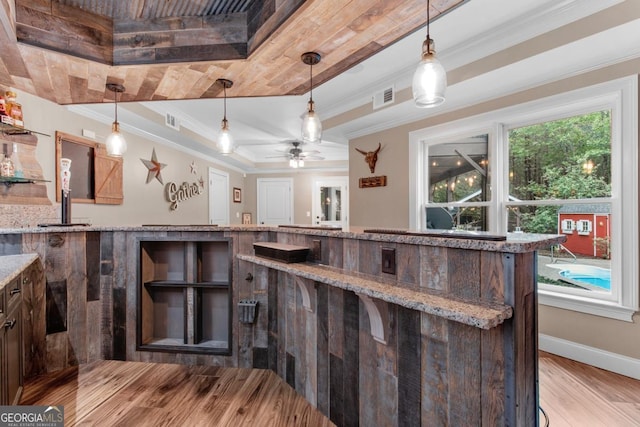 1985 Chapel Estates Ln, Dacula, GA 30019 - indoor bar featuring crown molding, light wood finished floors, hanging light fixtures, a ceiling fan, and a raised ceiling