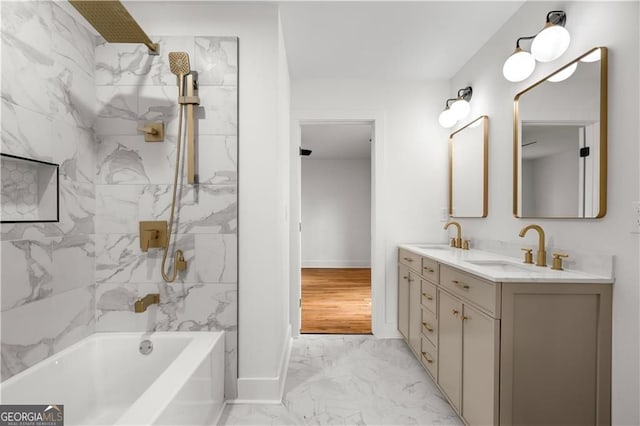 1835 Hawkins St, Smyrna, GA 30080 - bathroom featuring baseboards, marble finish floor, a sink, and double vanity