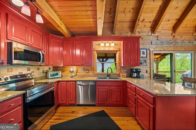 399 Ranch Mountain Dr, Dahlonega, GA 30533 - kitchen featuring beam ceiling, light wood-style floors, wood ceiling, a sink, and stainless steel appliances