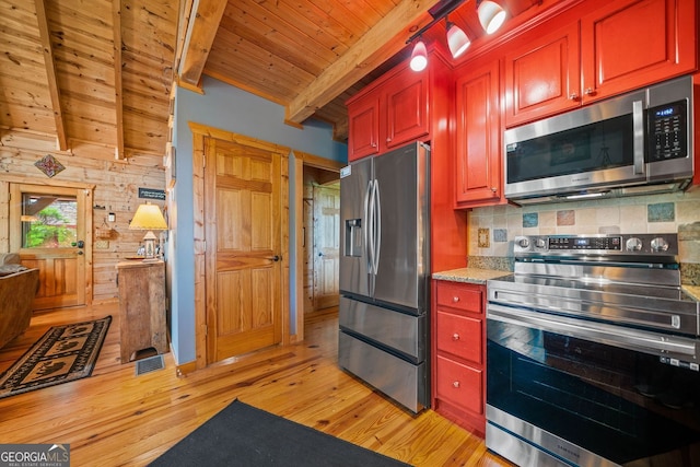 399 Ranch Mountain Dr, Dahlonega, GA 30533 - kitchen featuring beam ceiling, light wood-style floors, stainless steel appliances, wooden ceiling, and backsplash