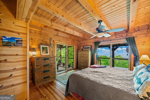 399 Ranch Mountain Dr, Dahlonega, GA 30533 - bedroom with beamed ceiling, wood walls, access to exterior, and multiple windows