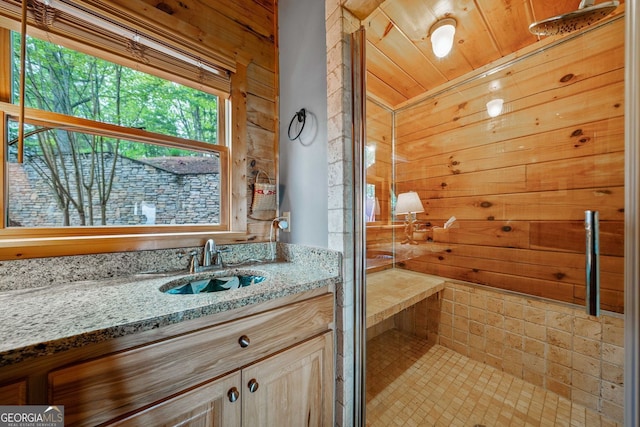 399 Ranch Mountain Dr, Dahlonega, GA 30533 - full bath featuring wooden walls, vanity, a sauna, and a shower stall