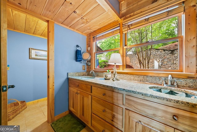 399 Ranch Mountain Dr, Dahlonega, GA 30533 - bathroom featuring double vanity, a sink, tile patterned floors, and wooden ceiling