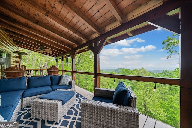 399 Ranch Mountain Dr, Dahlonega, GA 30533 - wooden terrace featuring an outdoor living space and ceiling fan
