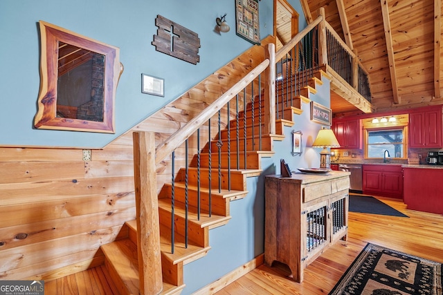 399 Ranch Mountain Dr, Dahlonega, GA 30533 - stairway featuring lofted ceiling with beams, wood finished floors, wood walls, and wooden ceiling