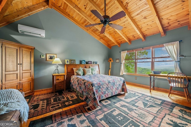 399 Ranch Mountain Dr, Dahlonega, GA 30533 - bedroom with wood finished floors, wood ceiling, and a wall mounted AC
