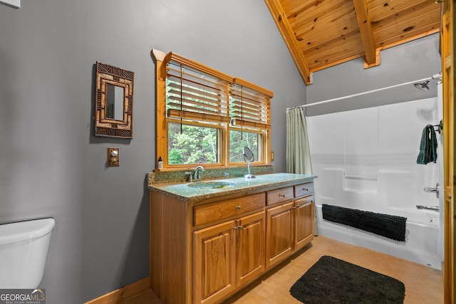 399 Ranch Mountain Dr, Dahlonega, GA 30533 - full bath featuring shower / tub combo, tile patterned floors, vanity, toilet, and vaulted ceiling with beams