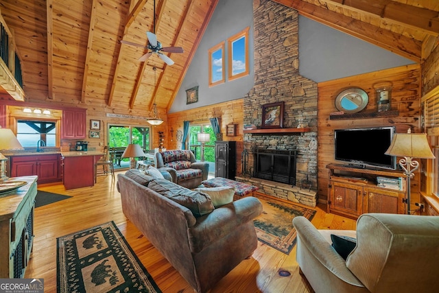 399 Ranch Mountain Dr, Dahlonega, GA 30533 - living area featuring wood walls, a fireplace, beamed ceiling, high vaulted ceiling, and wooden ceiling