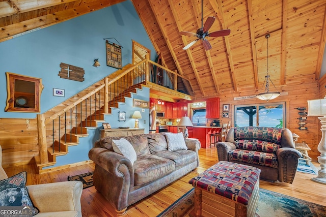 399 Ranch Mountain Dr, Dahlonega, GA 30533 - living area featuring ceiling fan, high vaulted ceiling, stairway, wood ceiling, and light wood finished floors