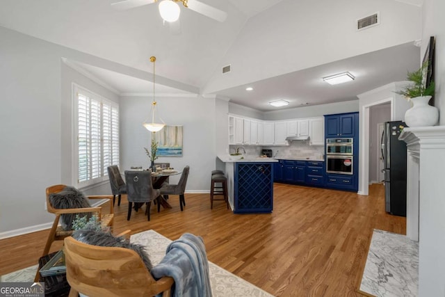500 Meadowmeade Ln, Lawrenceville, GA 30043 - kitchen with blue cabinets, stainless steel appliances, a peninsula, light wood-style flooring, and lofted ceiling