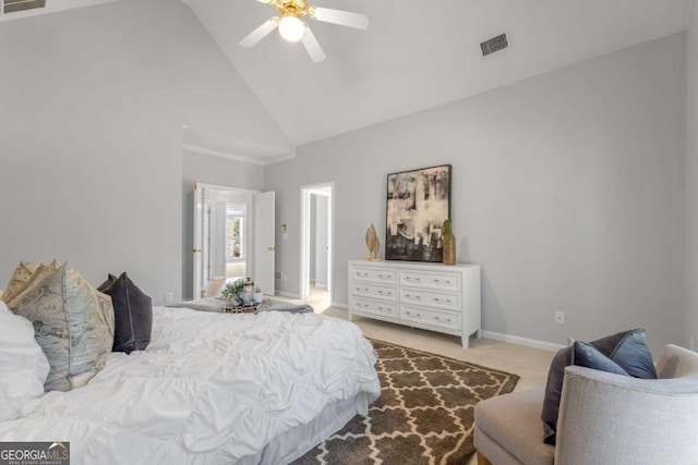 500 Meadowmeade Ln, Lawrenceville, GA 30043 - bedroom featuring high vaulted ceiling, light carpet, and ceiling fan