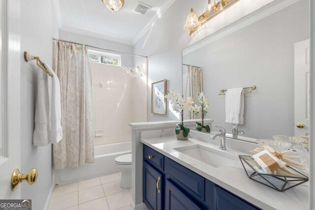 500 Meadowmeade Ln, Lawrenceville, GA 30043 - full bath featuring vanity, ornamental molding, shower / bathtub combination with curtain, and tile patterned floors