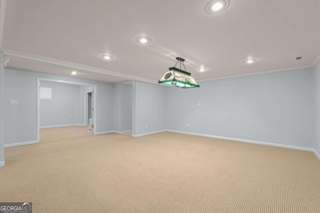 500 Meadowmeade Ln, Lawrenceville, GA 30043 - finished basement with recessed lighting, light carpet, and crown molding
