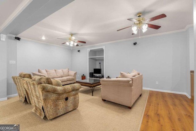 500 Meadowmeade Ln, Lawrenceville, GA 30043 - living room featuring a ceiling fan, crown molding, recessed lighting, and light wood finished floors