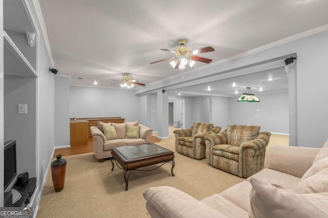 500 Meadowmeade Ln, Lawrenceville, GA 30043 - carpeted living room with ornamental molding, ceiling fan, and recessed lighting