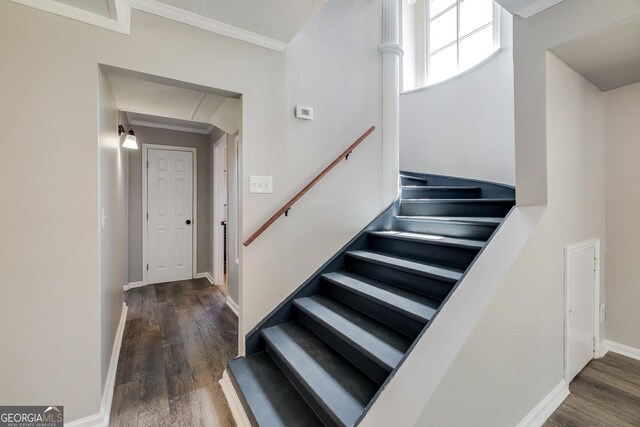 203 N Lake Dr, Brunswick, GA 31525 - staircase with wood finished floors, crown molding, and baseboards