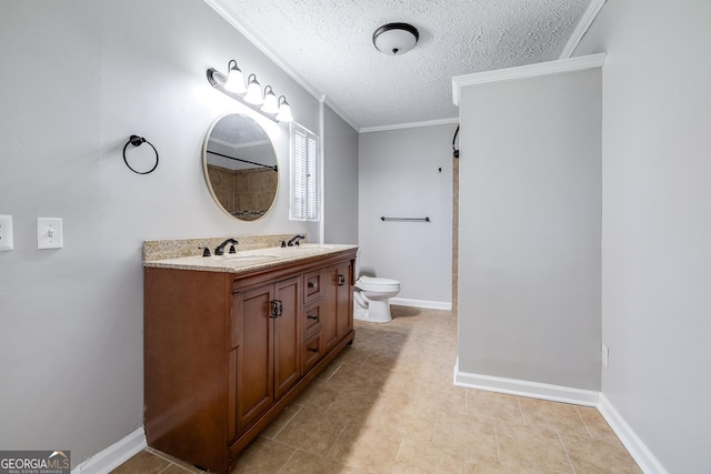 203 N Lake Dr, Brunswick, GA 31525 - full bath with a textured ceiling, vanity, baseboards, toilet, and ornamental molding
