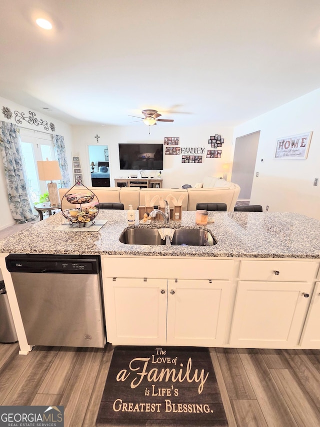 288 Mccall Way, Monroe, GA 30655 - kitchen featuring dishwasher, ceiling fan, dark wood finished floors, and white cabinetry