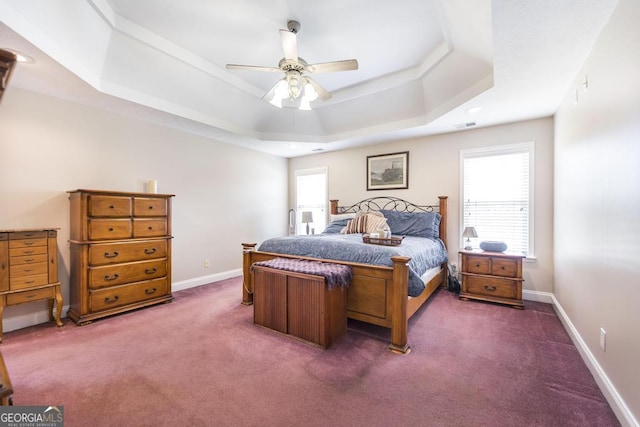 bedroom with visible vents, baseboards, a tray ceiling, and carpet floors