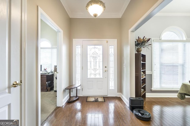 entryway featuring baseboards, ornamental molding, and wood-type flooring