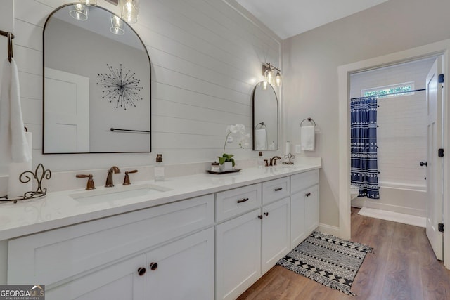 bathroom featuring wood finished floors, a sink, double vanity, and toilet