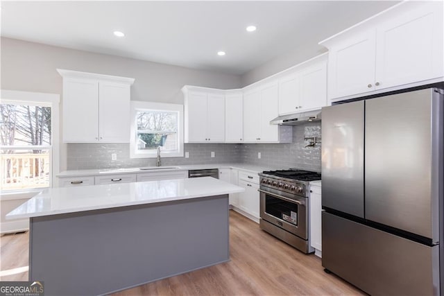 3286 Bachelor St, East Point, GA 30344 - kitchen featuring stainless steel appliances, a sink, white cabinetry, light countertops, and under cabinet range hood