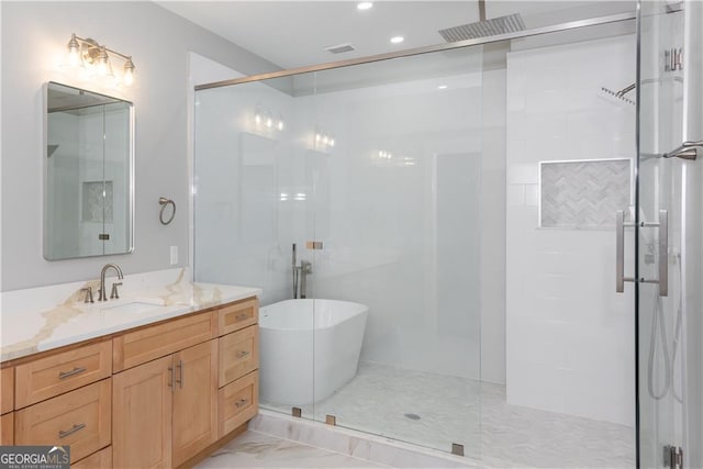 3286 Bachelor St, East Point, GA 30344 - full bath featuring a shower stall, a soaking tub, vanity, and marble finish floor