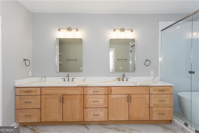 3286 Bachelor St, East Point, GA 30344 - full bath featuring a shower stall, marble finish floor, a sink, and double vanity