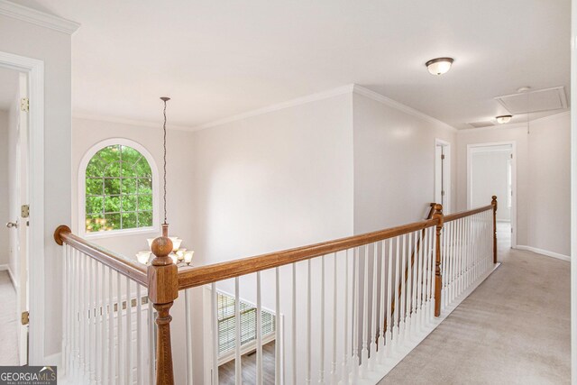 732 Sweet Gum Way, Canton, GA 30115 - corridor with attic access, baseboards, crown molding, and an upstairs landing