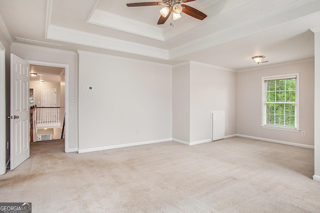 732 Sweet Gum Way, Canton, GA 30115 - empty room with light carpet, a tray ceiling, visible vents, a ceiling fan, and ornamental molding