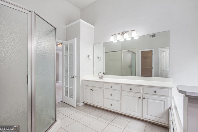 732 Sweet Gum Way, Canton, GA 30115 - full bathroom with a shower stall, visible vents, tile patterned floors, and vanity