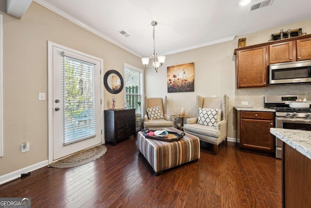 1635 Hampton Oaks Dr, Alpharetta, GA 30004 - sitting room featuring crown molding, a chandelier, dark wood-type flooring, and baseboards