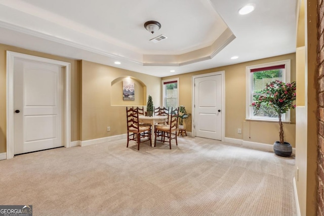 2551 Raintree Dr NE, Atlanta, GA 30345 - dining room with carpet flooring, a tray ceiling, visible vents, baseboards, and recessed lighting