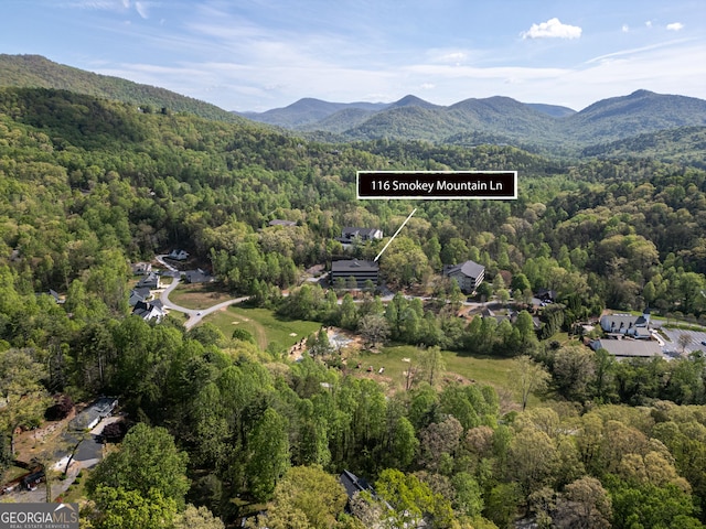 drone / aerial view with a mountain view and a view of trees