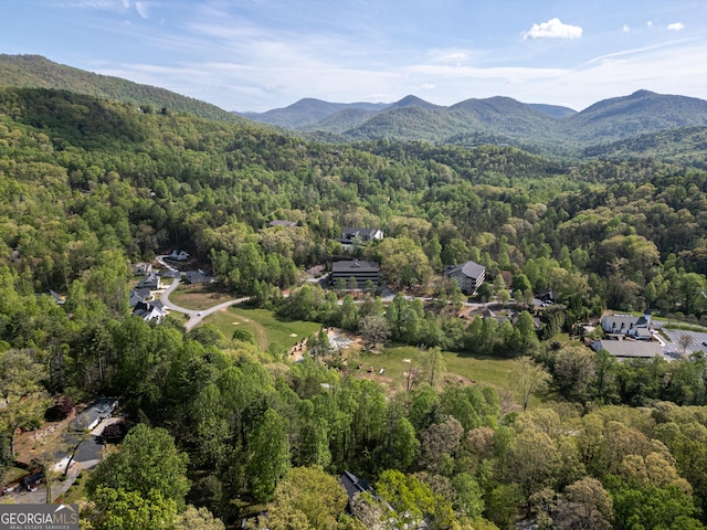 birds eye view of property with a view of trees and a mountain view