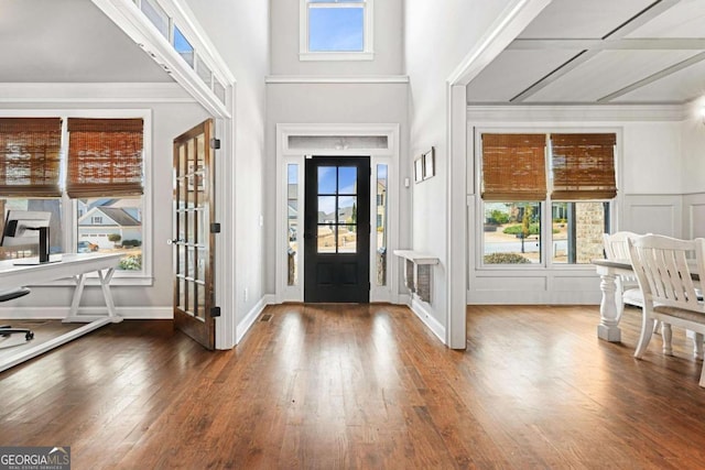 entrance foyer featuring plenty of natural light, a decorative wall, and wood-type flooring