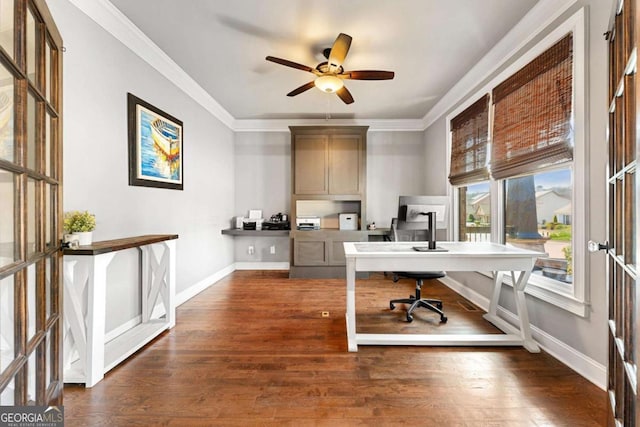 home office featuring a ceiling fan, baseboards, and ornamental molding