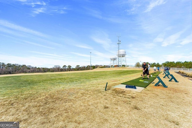 view of home's community featuring a yard and fence